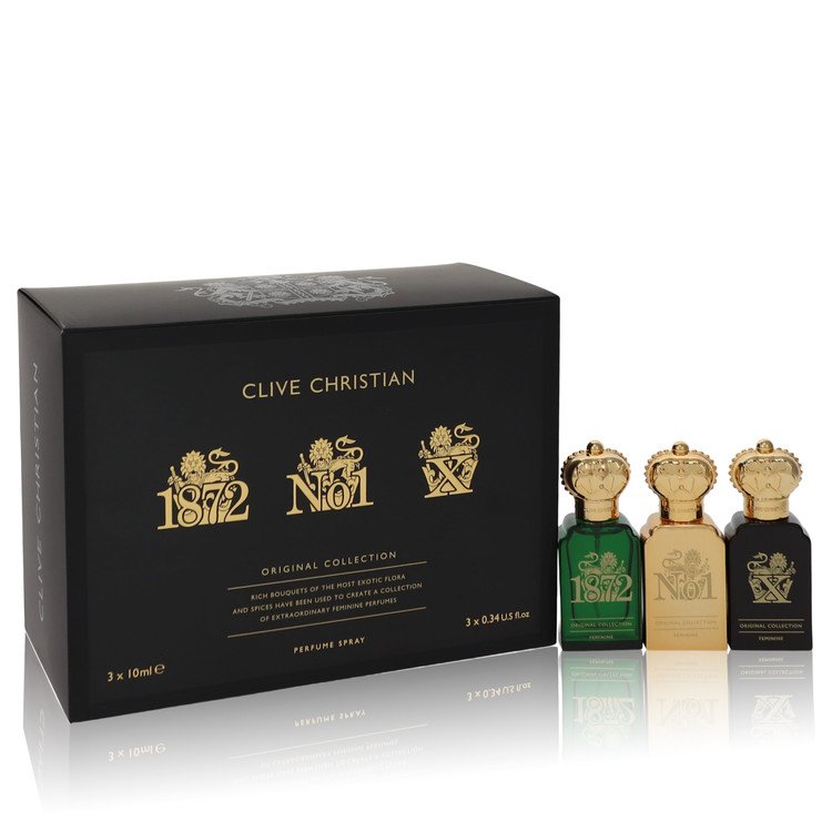 Clive Christian X by Clive Christian Gift Set — Travel Set Includes Clive Christian 1872 Feminine, Clive Christian No 1 Feminine, Clive Christian X Feminine all in .34 oz Pure Perfume Sprays for Women