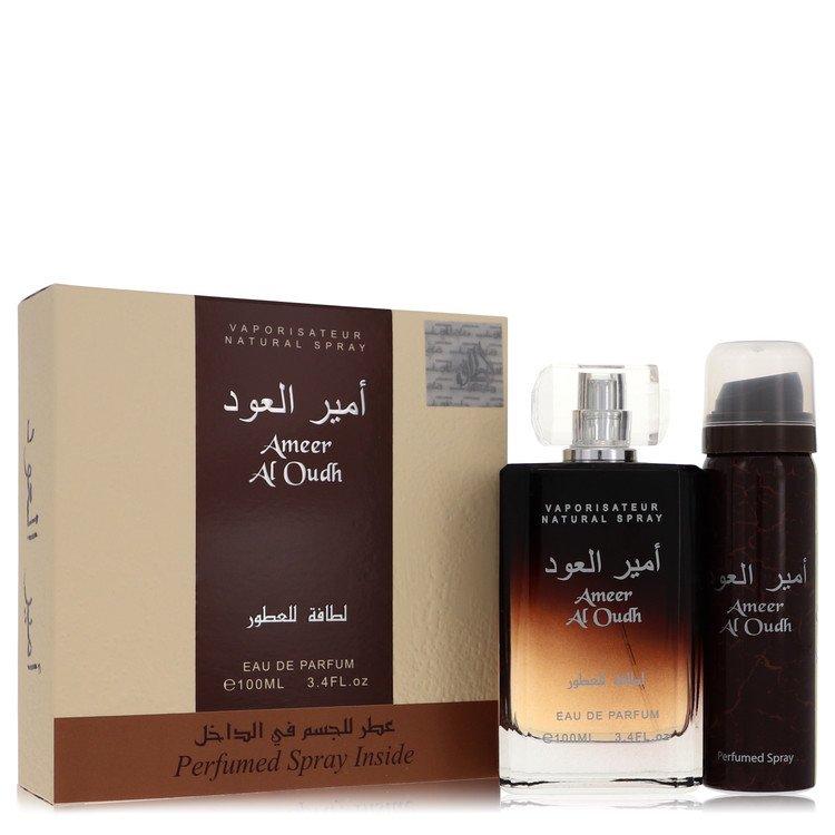 Ameer Al Oudh by Lattafa Gift Set — 3.4 oz Eau De Parfum Spray + 1.7 oz Perfumed Spray for Men
